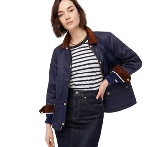 J Crew X Liberty Fabric Barn Jacket Navy Blue Long Sleeve Zip & Button Up M TALL